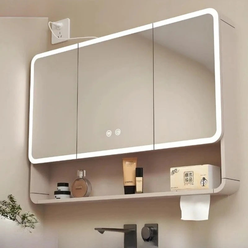 Bathroom Mirror Led Light Wall Mounted Carbon Fiber Curved Rounded Corner Smart Storage Mirror Cabinet Home Furniture Homehold