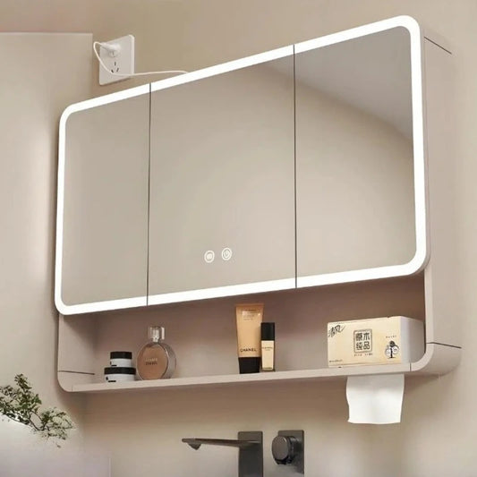 Bathroom Mirror Led Light Wall Mounted Carbon Fiber Curved Rounded Corner Smart Storage Mirror Cabinet Home Furniture Homehold