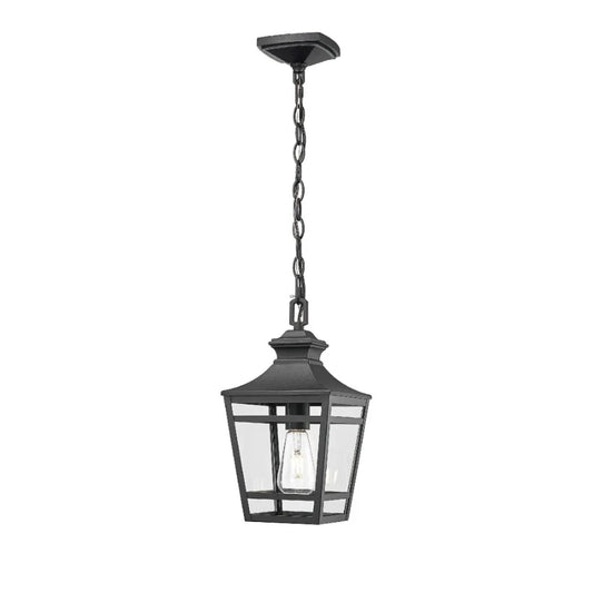 Outdoor Pendant Light E26 Socket 14.5'' Modern Exterior Hanging Light Fixture with Clear Glass Farmhouse Black Metal Outside Ch