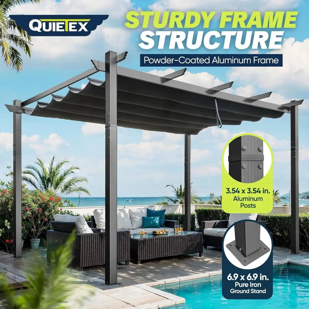 10' X 13' Outdoor Retractable Pergola with Sun Shade Canopy Patio Modern Shelter for Garden Yard Deck Grape Trellis, Grey