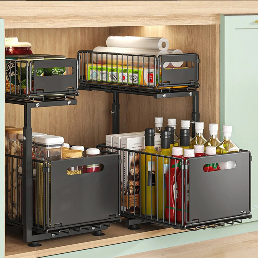 Pull-Out Under Sink Organiser, 2-Tier Adjustable Height Sliding Shelf for Kitchen/Bathroom Cabinet Storage, Black & White