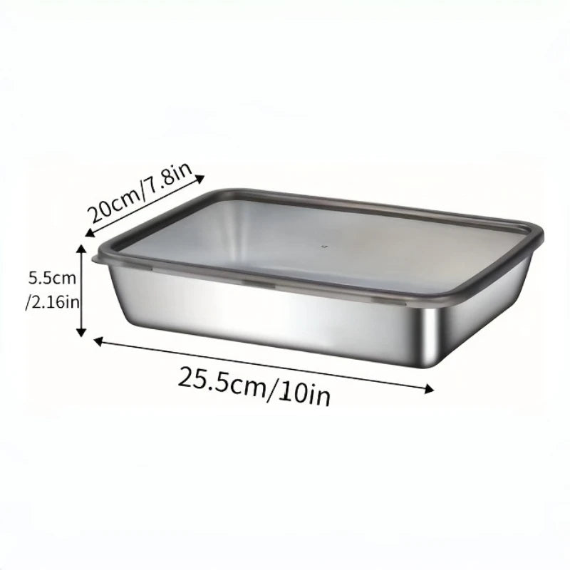 2pcs Stainless Steel Food Storage Container Rectangle Dish with Cover Noodles Fruit Tray Lunch Box Thick Refrigerator Plate