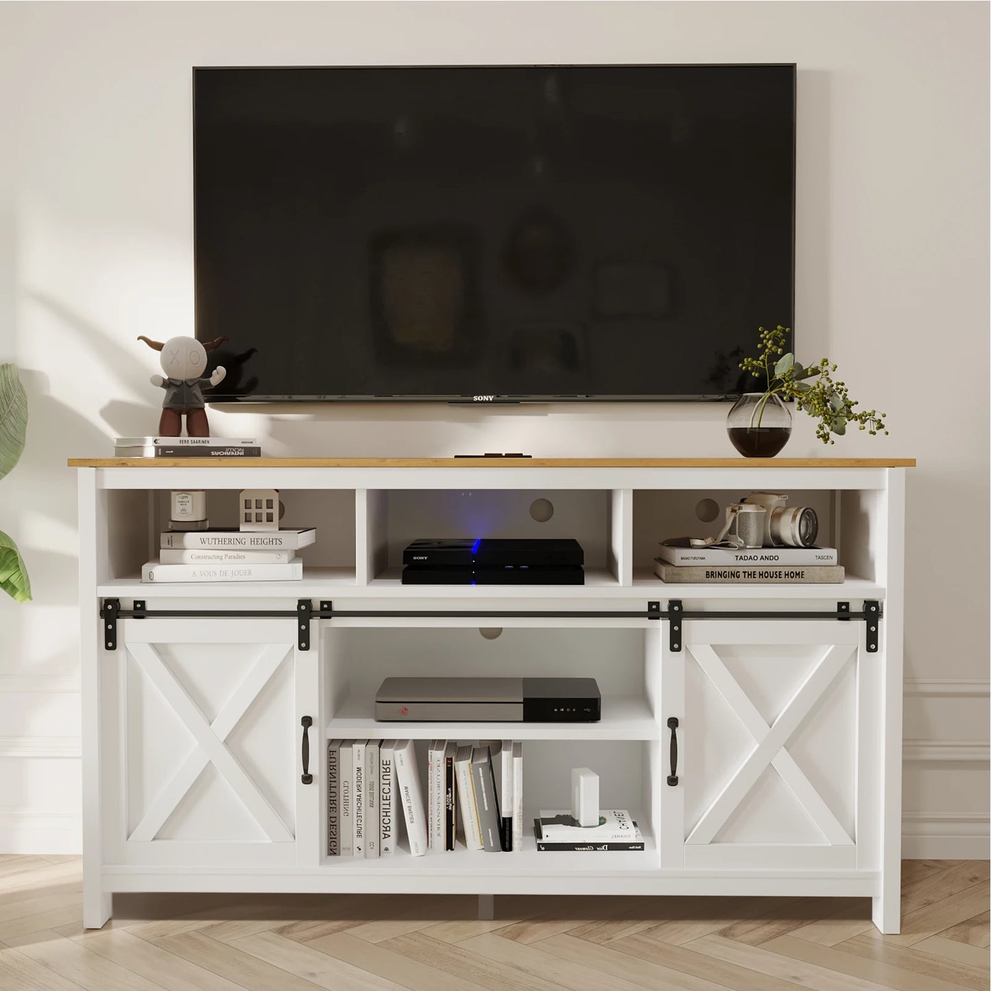 TV Stand Farmhouse Coffee Bar Cabinet Rustic Sliding Barn Door Storage Cabinet with Power Outlet & LED Light, 57" Wooden TV Cabi