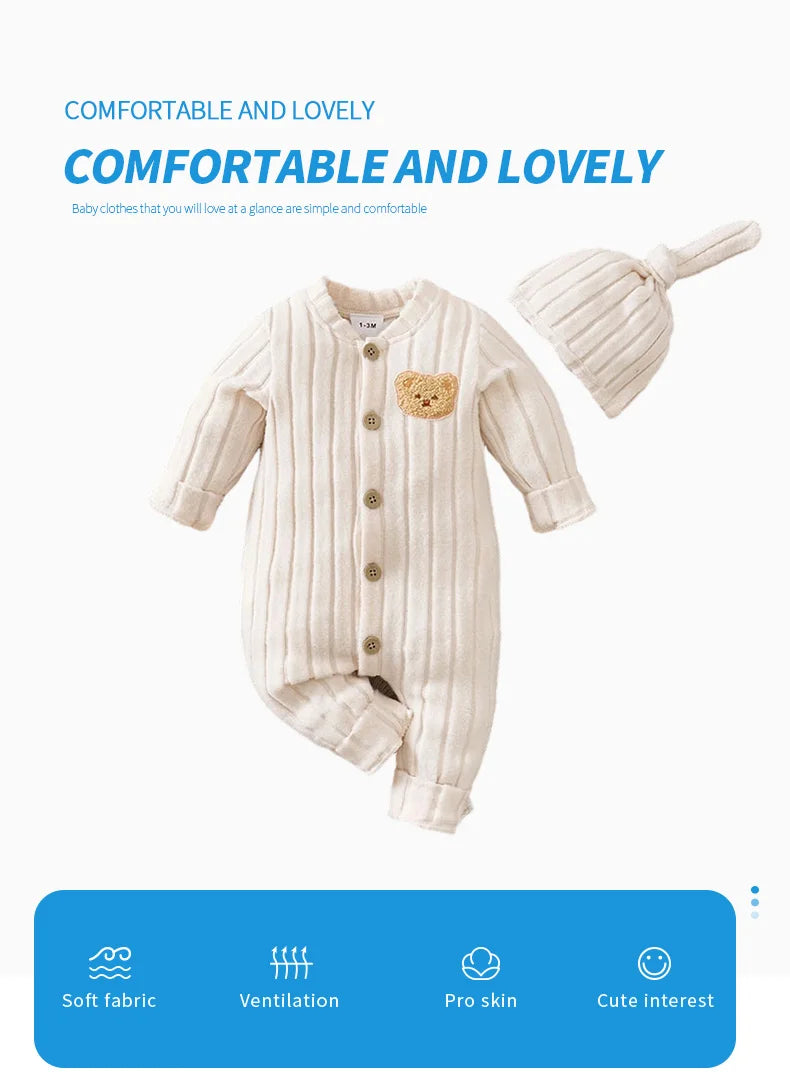 Winter Baby Toddler Onesie+Hats Button Bear Warmth Lovely 0-18 Months Newborn Knitted Romper Round Neck Soft Minimalist Casual