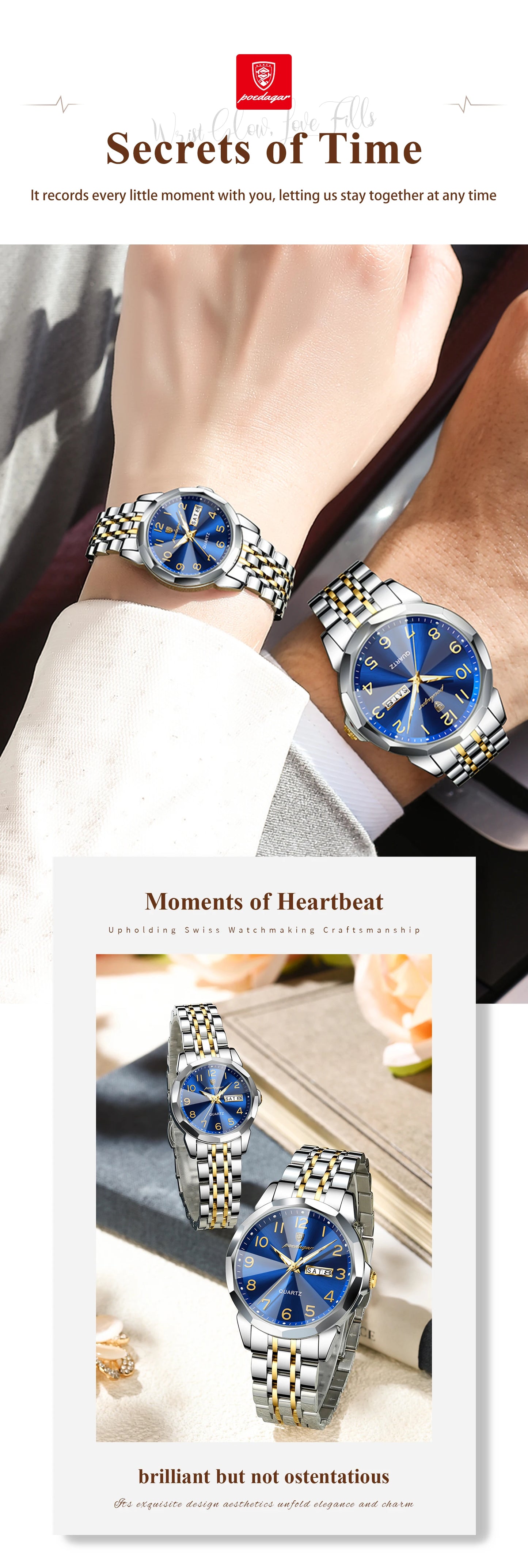 POEDAGAR Top Fashion Watches For Couple Waterproof Date Week Couple's Watches Quartz Stainless Steel Couple Watch Lovers Set+Box