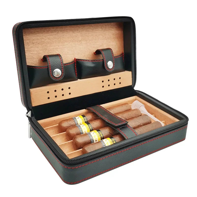 4pcs Humidor Cigar Box Travel Cigar Case orginiser without cutter lighter Leather Cedar Wood Cutter smoking accessories storage