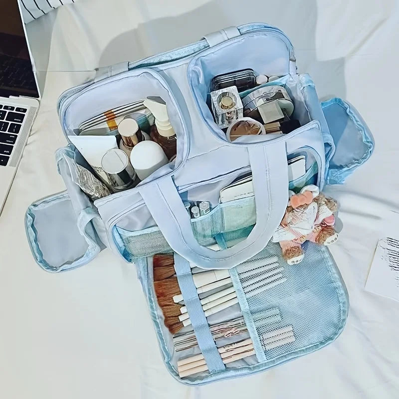 Standing Travel Makeup Bag, Large Capacity Multi Zone with Handle, Multi Compartment Women's Portable Toiletries Bag