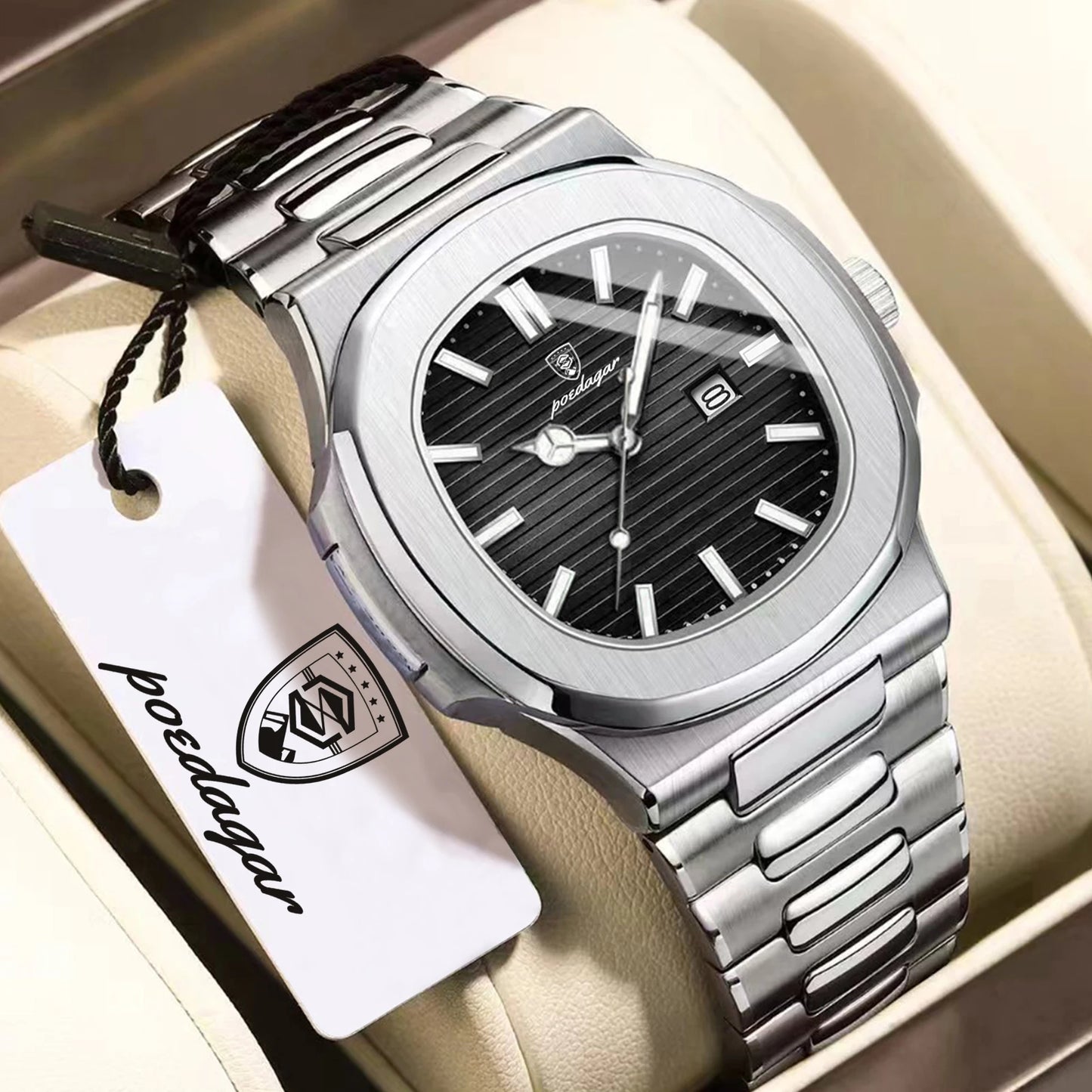 POEDAGAR Fashion Couple Watch Waterproof Luminous Date Stainless Steel Quartz Love Wristwatch Square Watches for Boyfriend Gift