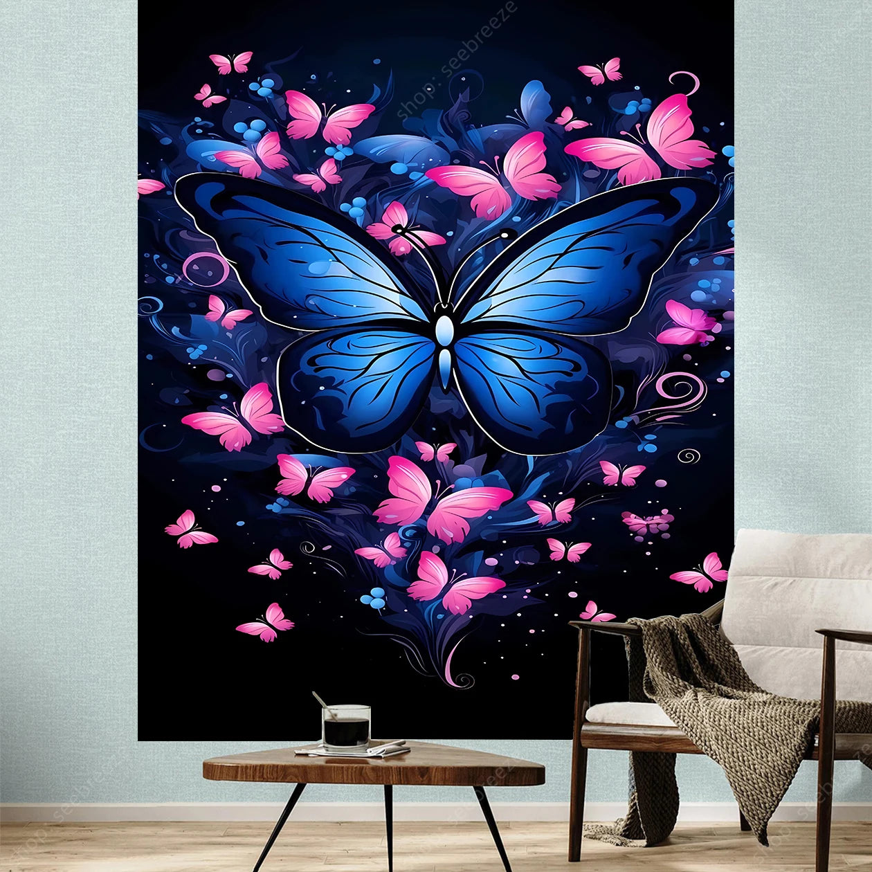 Butterfly Flower UV Reactive Tapestry Wall Hanging Hippie Boho Room Decor
