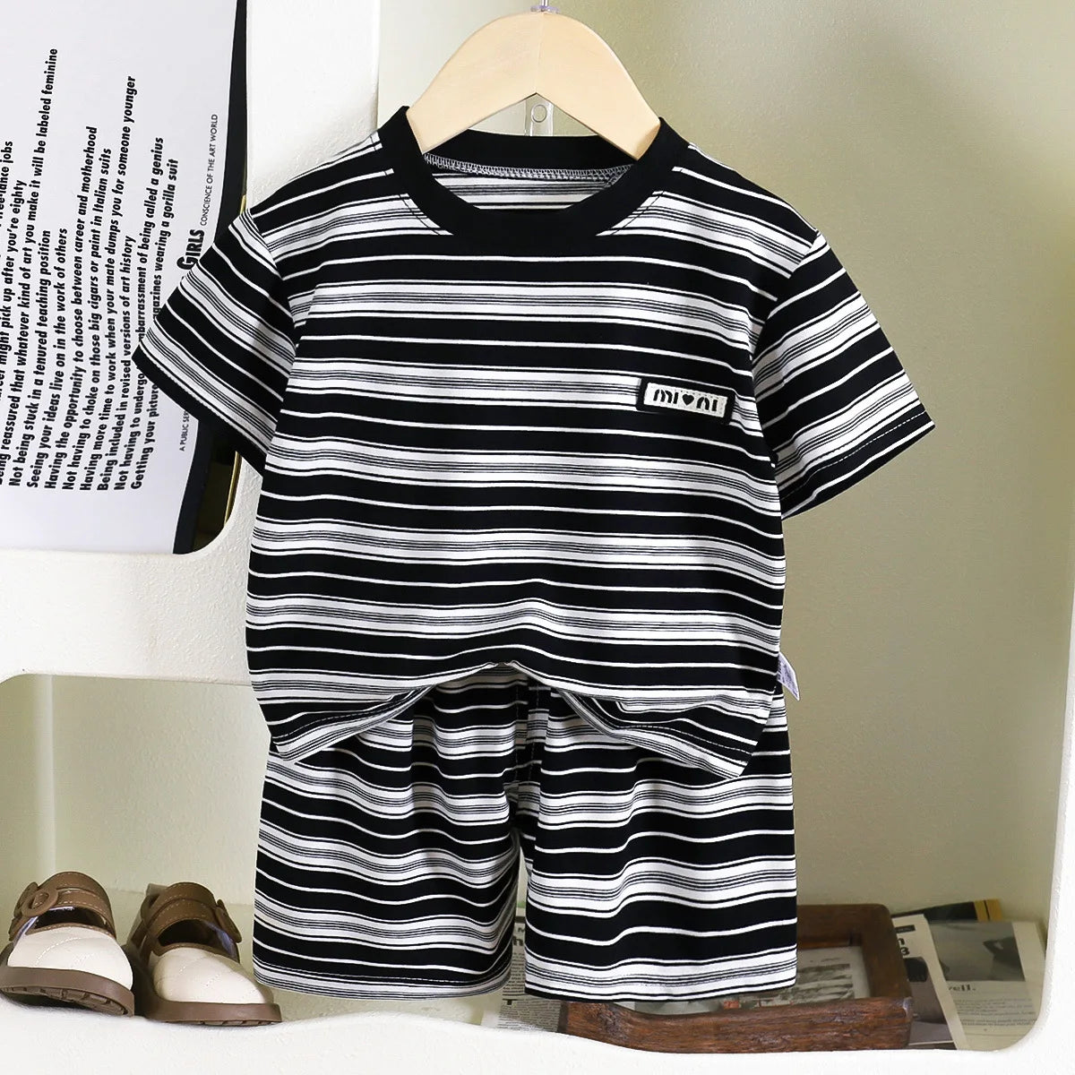 New Summer Children's Top and Bottom Clothes Set Striped Cotton Casual Sports Short Sleeve Two Piece Set for Children 0-5 Years