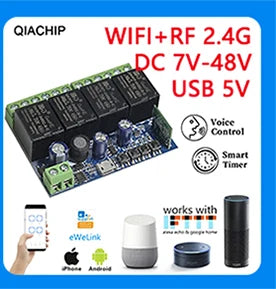 QIACHIP 4CH 433.92MHz Relay Module – DC 5V/12V/24V/48V 10A Wireless Remote Control Switch for EV1527, DC Motor DIY