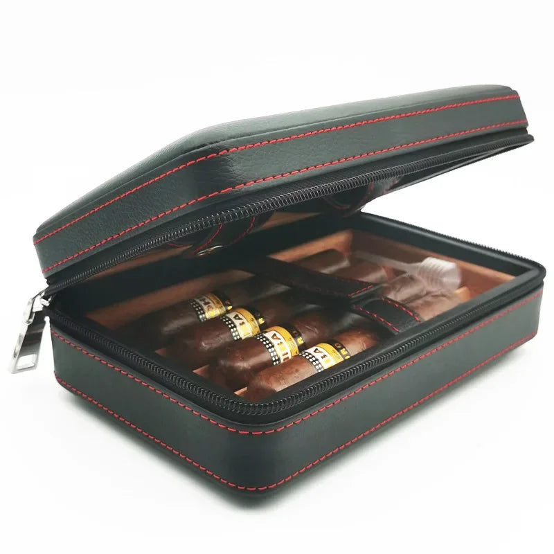 4pcs Humidor Cigar Box Travel Cigar Case orginiser without cutter lighter Leather Cedar Wood Cutter smoking accessories storage