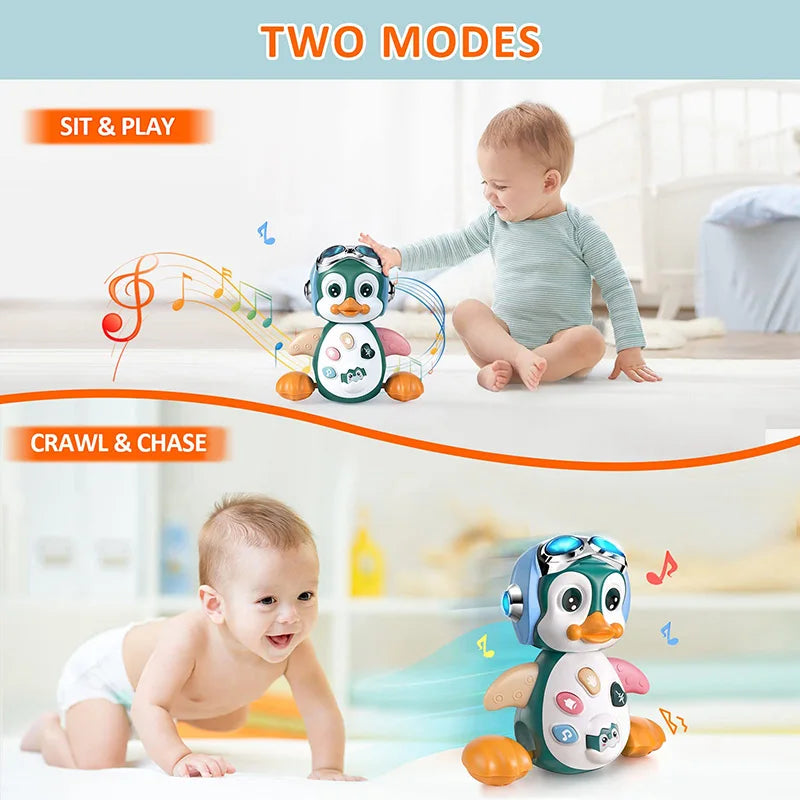 Baby Crawling Toys Musical Penguin Infant Moving Walking Dancing Toys with Light Toddler Interactive Development Tummy Time Gift