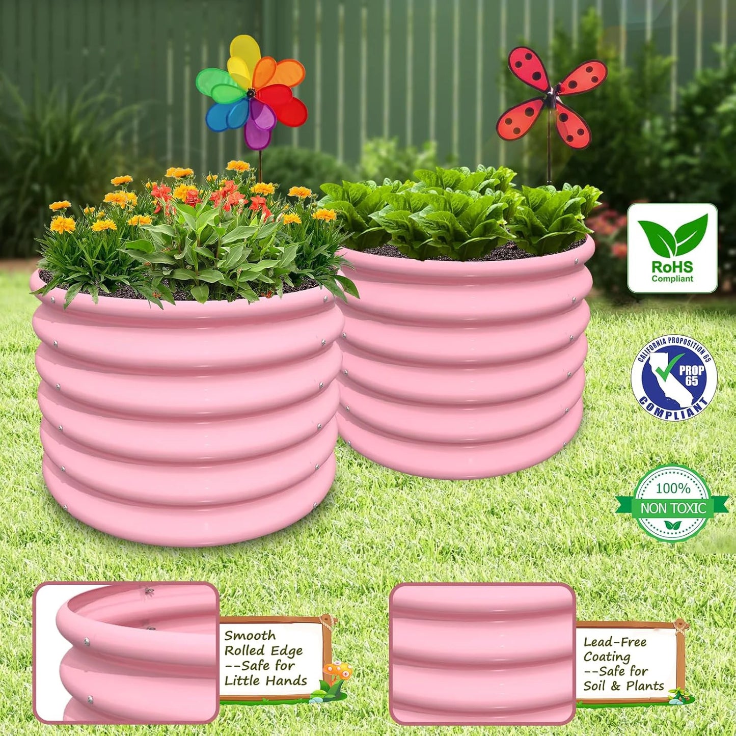 5-Pack 18in Tall Kids Raised Garden Beds Outdoor, 40x24in Oval & 24x24in Round Galvanized Metal Planter Box for Vegetable Flower
