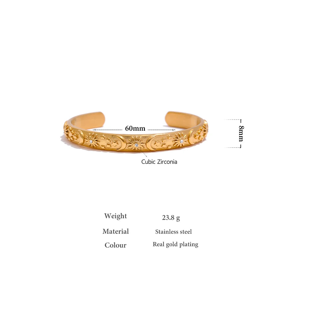 Yhpup Golden Stainless Steel Moon Star Sun Bangle Bracelet  Stylish Metal Open Wrist браслеты на руку женкие Party Gift