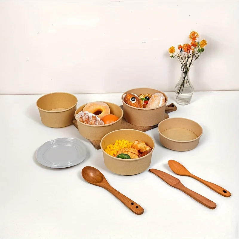15/30PCS Kraft Paper Bowls Disposable Bowls with Lid Salad Vegetable Soup Kitchen Restaurant Party Snack Storage Supplies