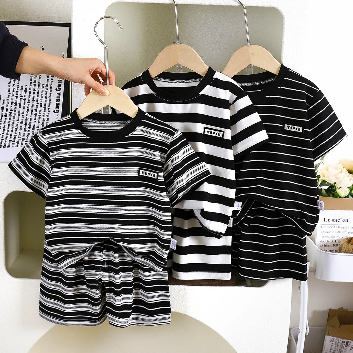 New Summer Children's Top and Bottom Clothes Set Striped Cotton Casual Sports Short Sleeve Two Piece Set for Children 0-5 Years