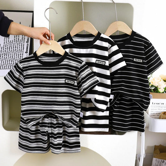 New Summer Children's Top and Bottom Clothes Set Striped Cotton Casual Sports Short Sleeve Two Piece Set for Children 0-5 Years