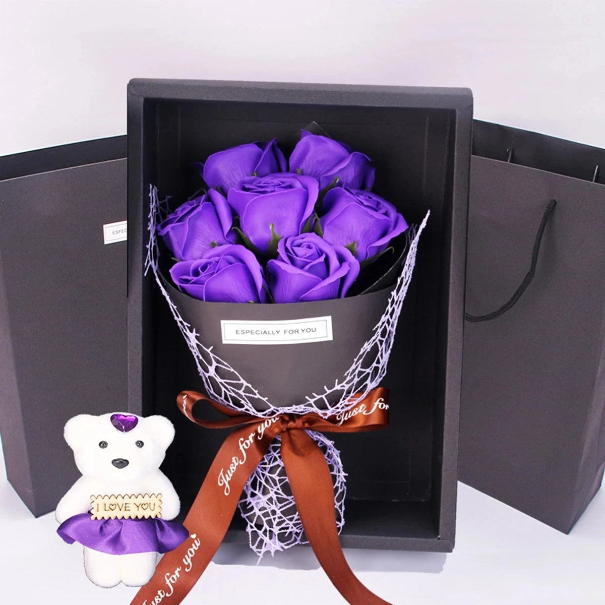 7 Heads Rose Artificial Bouquet Little Bear Gift Box Valentine's Day Handmade False Flower Bouquet Mother's Day Birthday Party G
