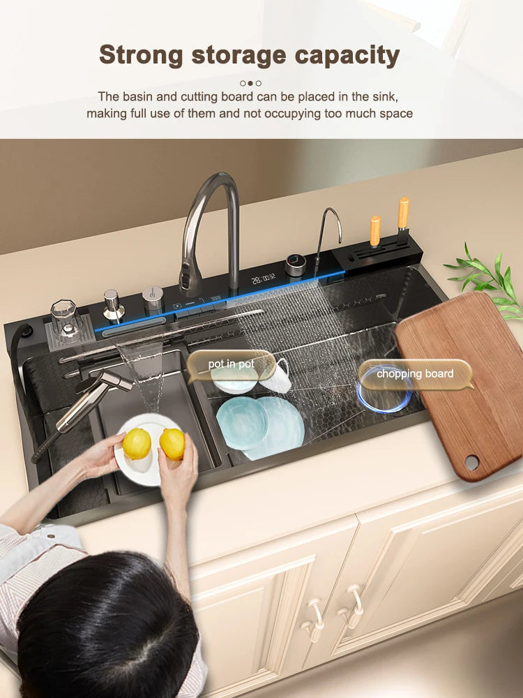 Kitchen Sink Stainless Steel Waterfall Sinks Extra Large Single Slot with Digital Display Faucet Set For kitchen