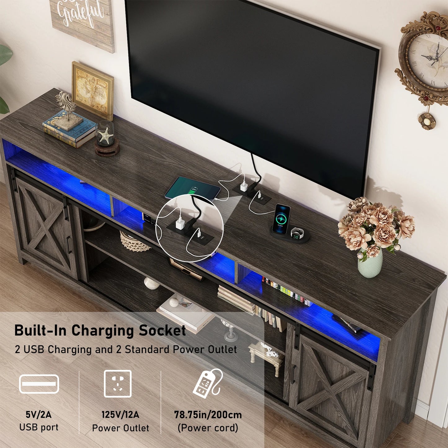 TV Stand Farmhouse Coffee Bar Cabinet Rustic Sliding Barn Door Storage Cabinet with Power Outlet & LED Light, 57" Wooden TV Cabi