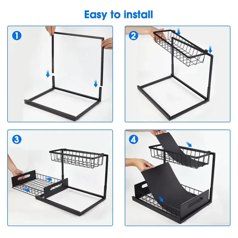 Double-layer Sliding Rail Basket Under-Sink Storage Rack Bathroom & Kitchen Storage