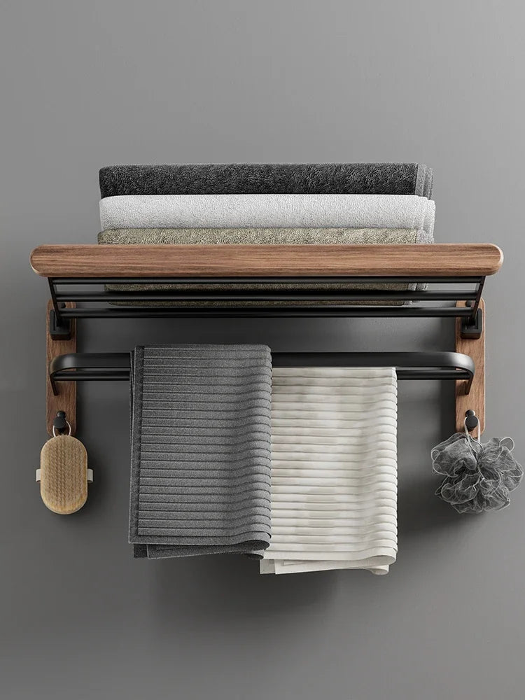 Modern Wooden Bathroom Wall Storage Rack – Shelves, Towel Bar & Hooks Set