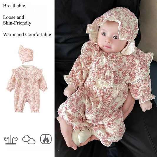 Baby Girl 100%Cotton Spring & Autumn Romper with Hat - Cute Printed Lace Trim Onesie Christmas Cozy & Breathable Jumpsuit