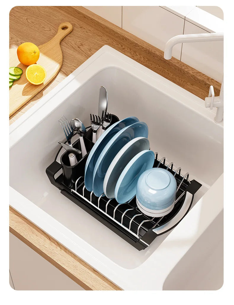 1pcs Expandable Small Dish Drying Rack Dish Racks for Kitchen Counter Dish Drainer with Removable Cutlery Holder