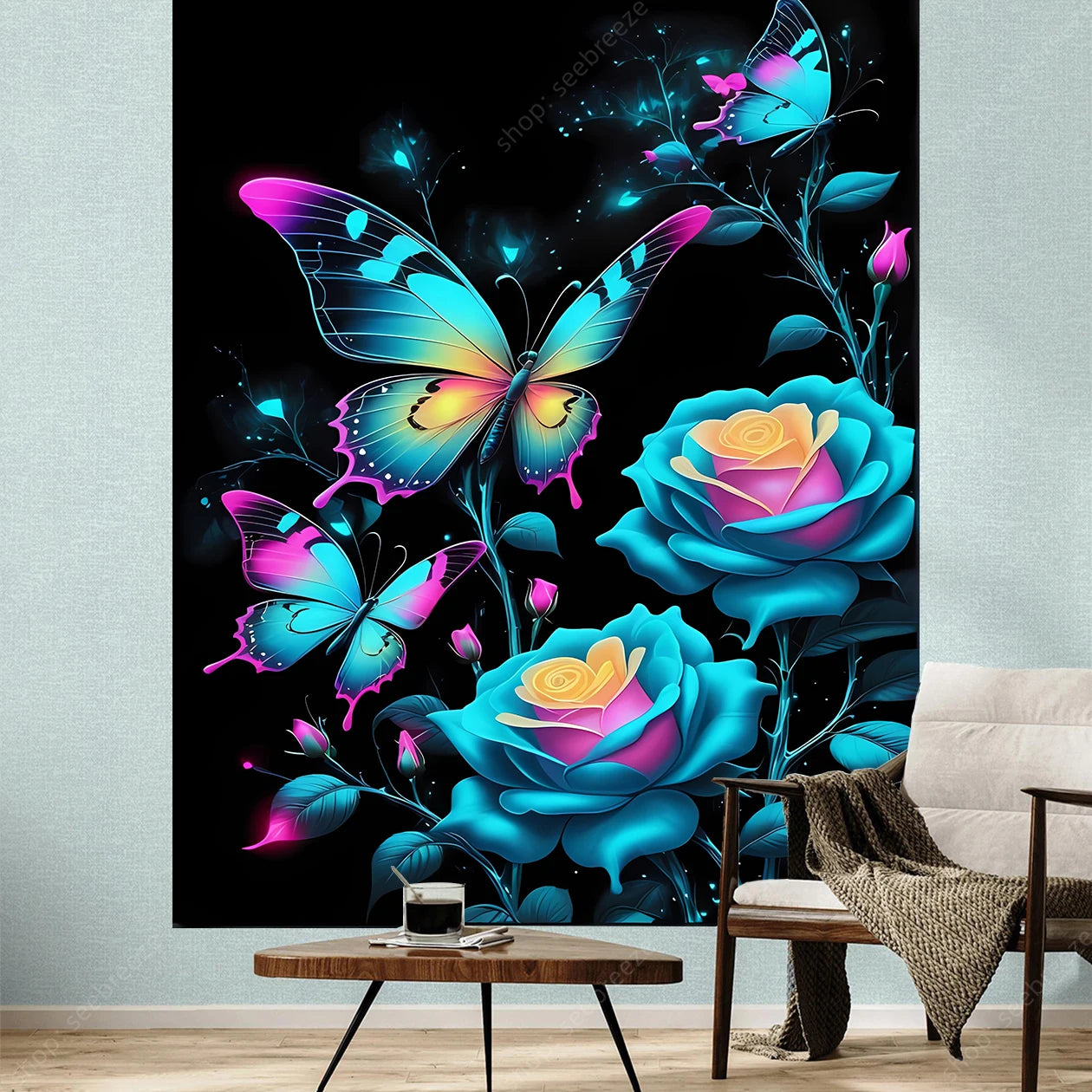 Butterfly Flower UV Reactive Tapestry Wall Hanging Hippie Boho Room Decor