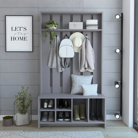 Tulcan 38" Wide Hall Tree With Bench And Shoe Storage, Entryway Bench With Coat Rack Smoke Grey Particle Board
