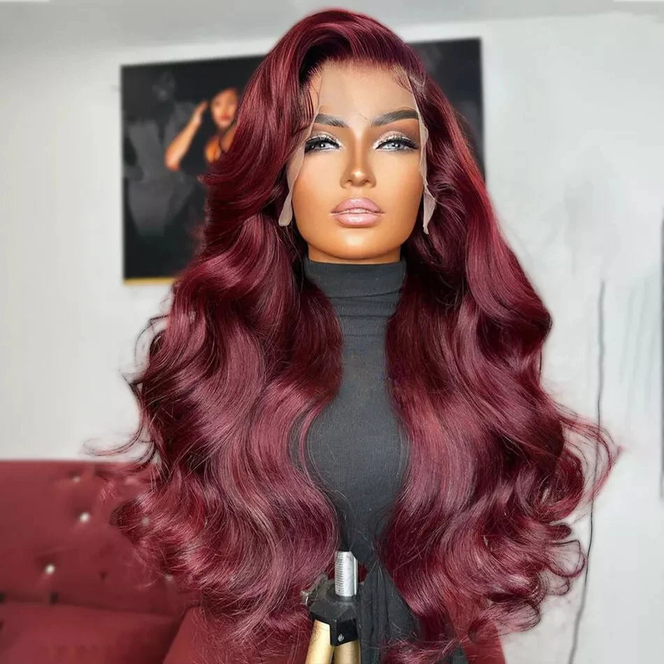 Burgundy 99J Body Wave Human Frontal Lace Hair Wig 30inches 13x4 13x6 HD Transparent Lace Brazilian Colored Remy Wigs for Women