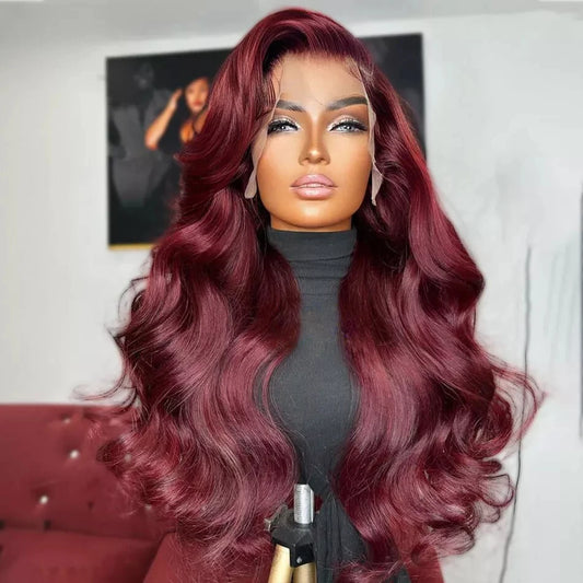 Burgundy 99J Body Wave Human Frontal Lace Hair Wig 30inches 13x4 13x6 HD Transparent Lace Brazilian Colored Remy Wigs for Women