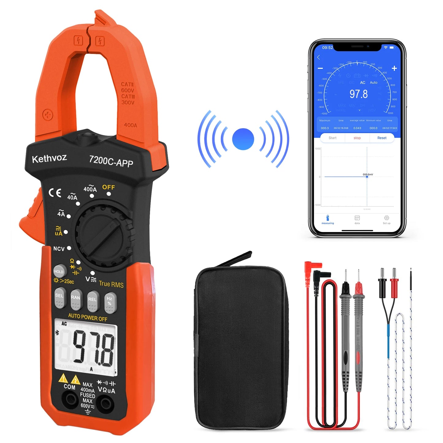 Kethvoz Clamp Meter NCV Multimeter 4000 counts with Smart APP,AC/DC TRUE-RMS LCD Display  Lamp Light Data Hold. KE-7200C-APP