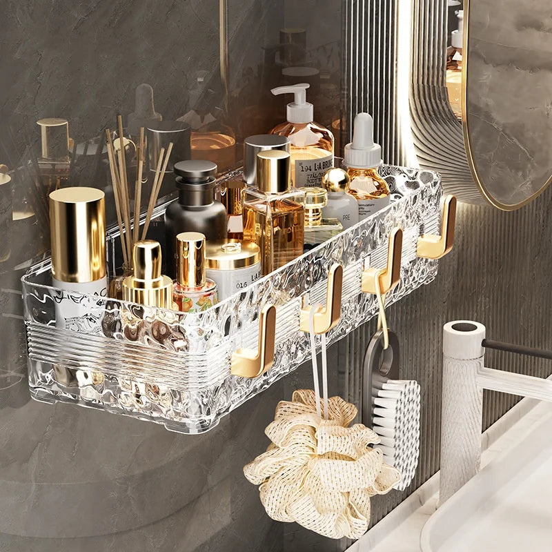 Wall Mounted Bathroom Storage Rack With 4 Hooks Corner Skincare Shampoo Shower Gel Shelf Makeup Perfume Holder
