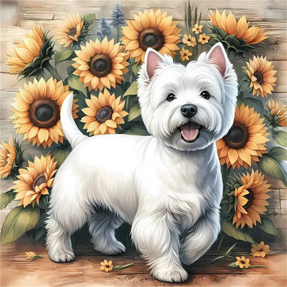 Huacan Diamond Mosaic Dog Animal Sunflower Flower Full Round Square Diamond Painting New Picture For Living Room Home Decoratio