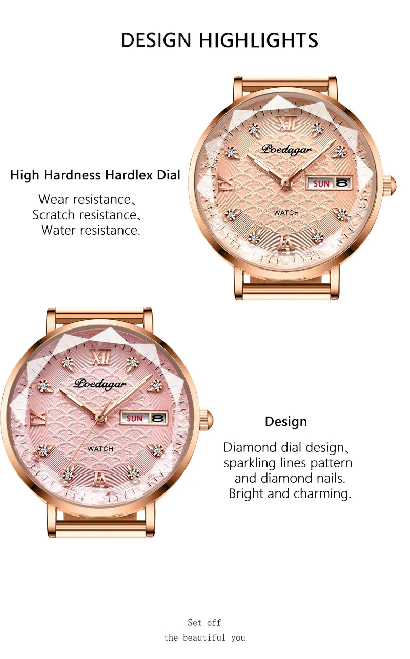 POEDAGAR Women Watch New Fashion Luxury Stainless Steel Wristwatch Bracelet Simple Rose Gold Waterproof Luminous Ladies Watches