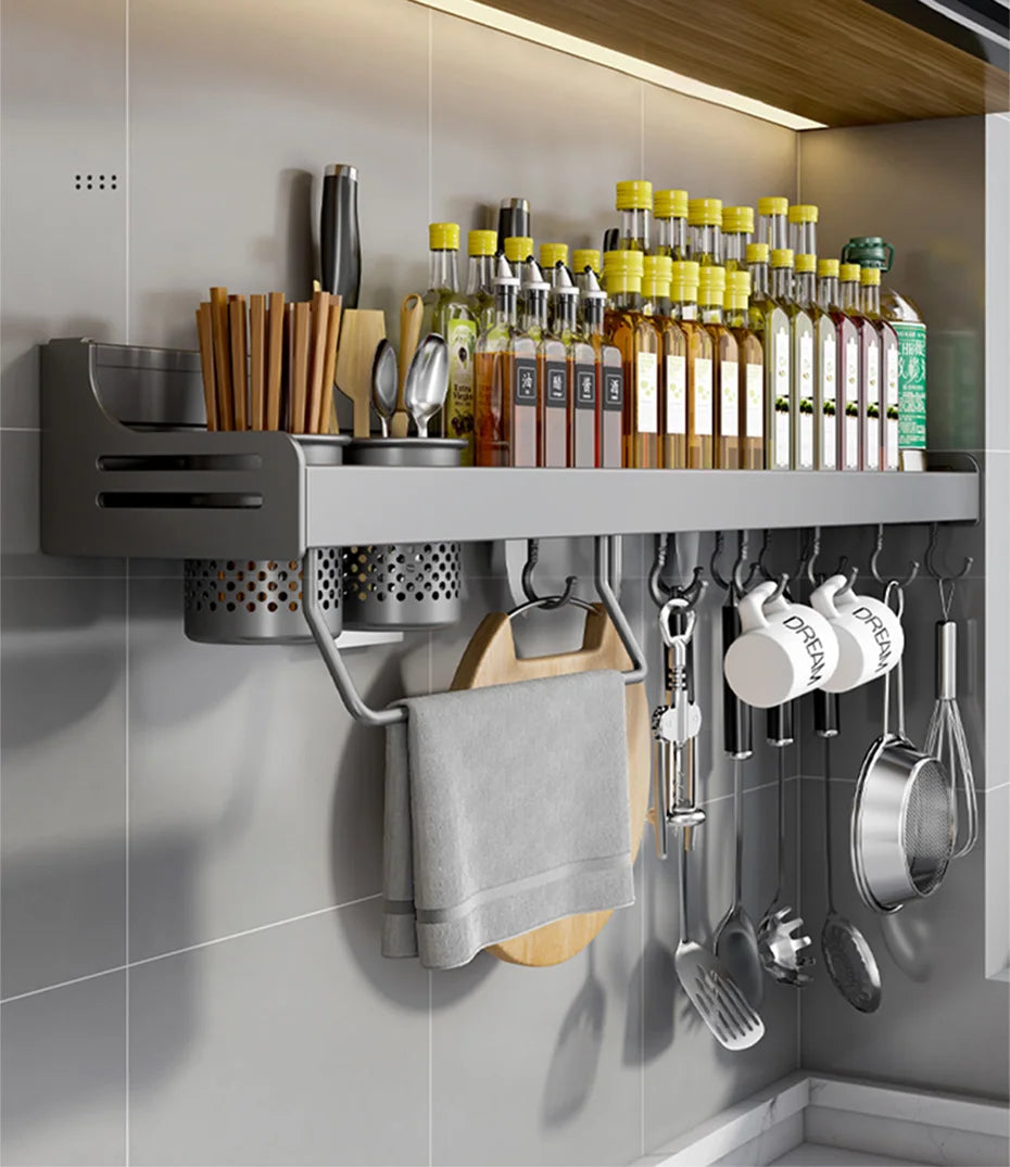 No Drill Kitchen Storage Rack Aluminum Wall Mount Spice Seasoning Spoon Knife Stand Holder Rag Dishcloth Rack Organizer Shelf