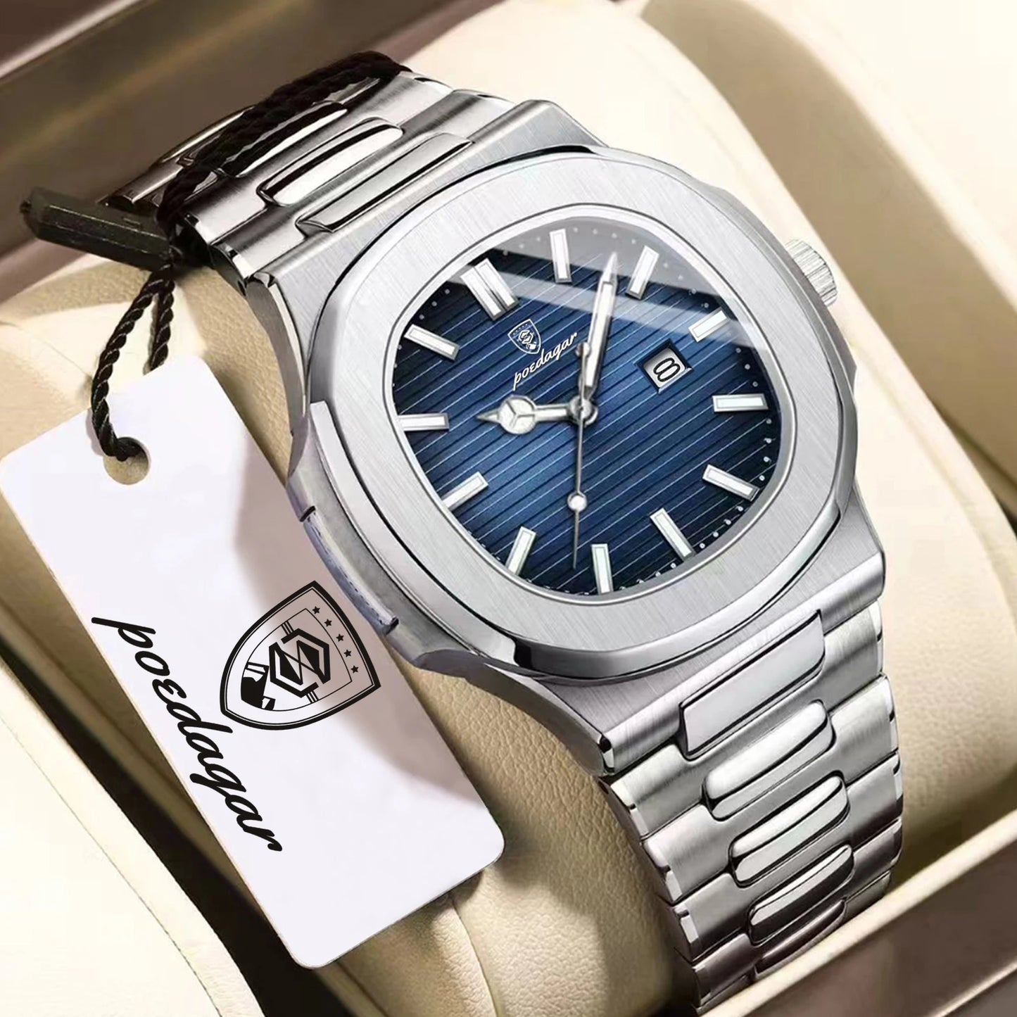 POEDAGAR Fashion Couple Watch Waterproof Luminous Date Stainless Steel Quartz Love Wristwatch Square Watches for Boyfriend Gift