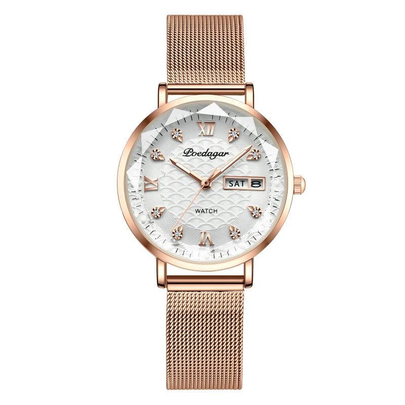 POEDAGAR Women Watch New Fashion Luxury Stainless Steel Wristwatch Bracelet Simple Rose Gold Waterproof Luminous Ladies Watches