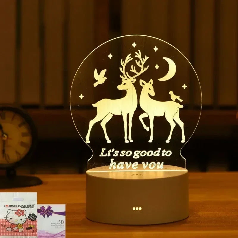 Creative 3D Acrylic Night Light USB Operated Bedroom Bedside LED Table Lamp Ornaments Christmas Holiday Birthday Event Gift