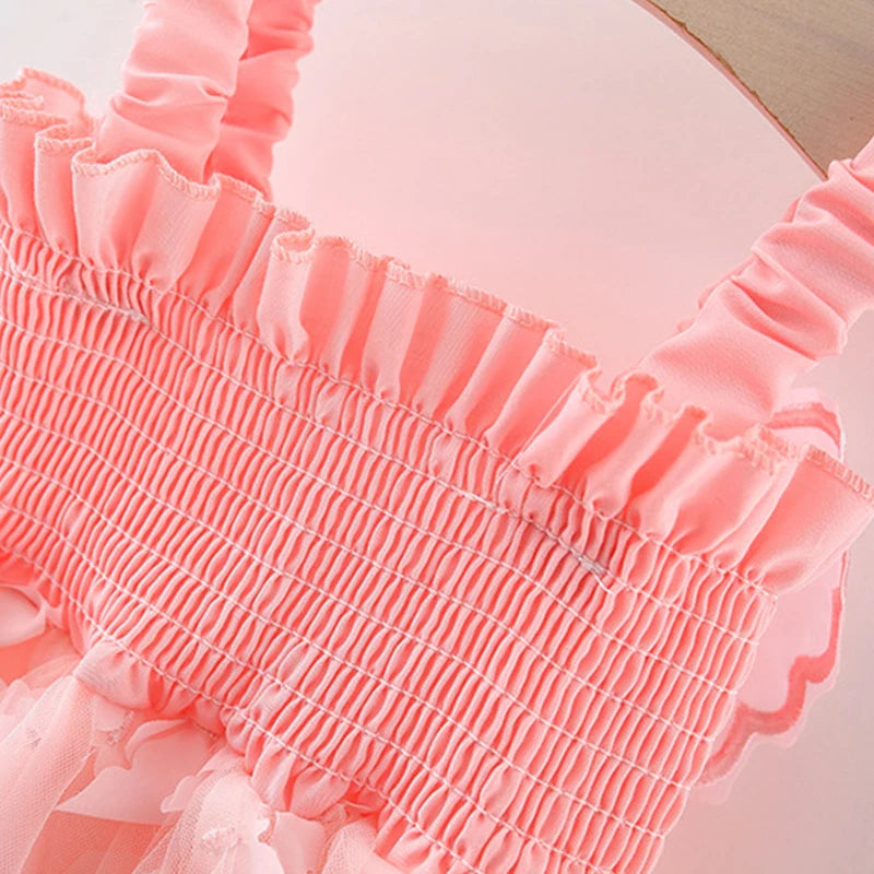 Summer 0-3 Girls' Dress Solid Color Butterfly 3D Mesh Splicing Butterfly Wings Strap Fluffy Dress