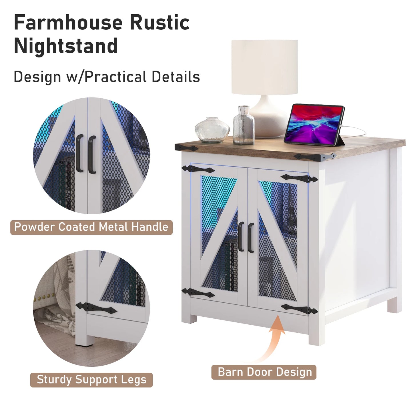 Bedside Table Farmhouse, Side Table Living Room with Charging Station & Adjustable Shelf, Smart Nightstand Organiser for Bedroom Living Room Office Use