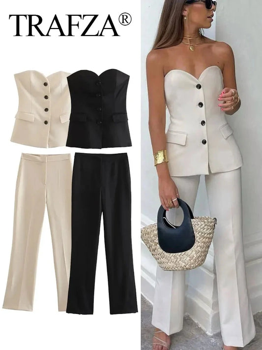 Women Elegant Solid Strapless Sexy Tank Tops + Side Slit Trouser