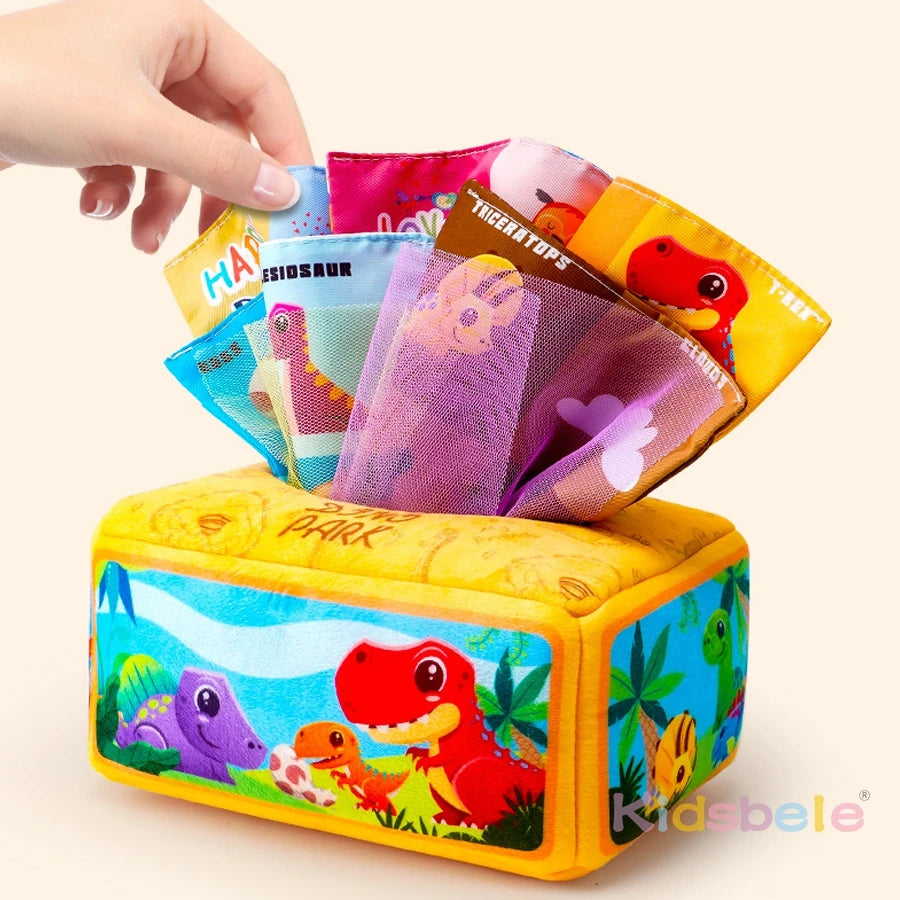 Montessori Tissue Box Toy for Baby Soft Pulling Cloth Sensory Fine Motor Skills and Calm Play for Toddlers Travel Stroller