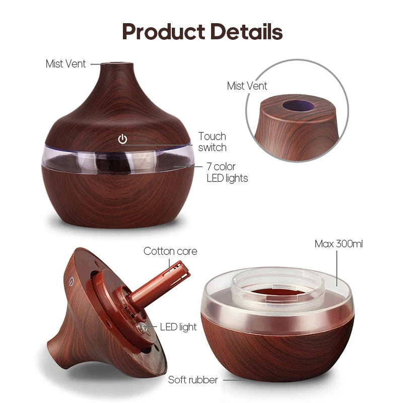 Wood Grain Humidifier 300ml USB Aroma Diffuser Atomizer USB Household Humidifier Hydrating Instrument Desktop Humidifier