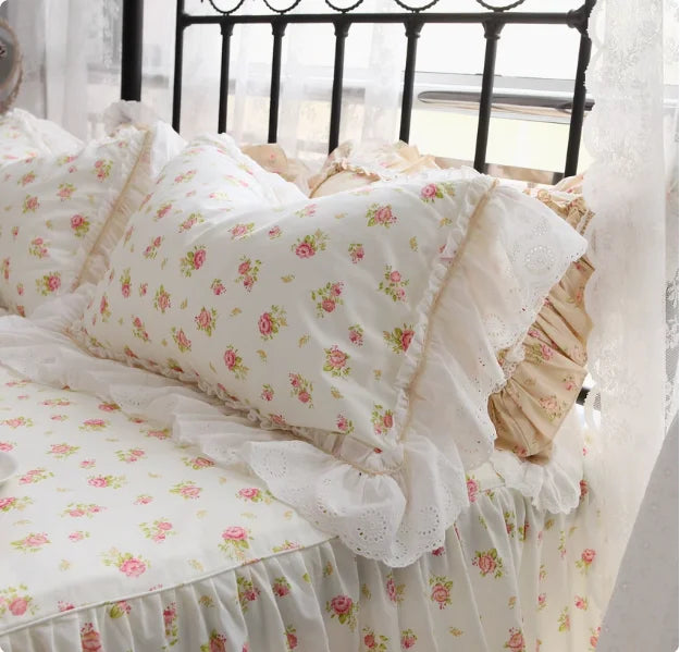 Floral Style 100% Cotton Pillowcase Bedding Set With Lace Design