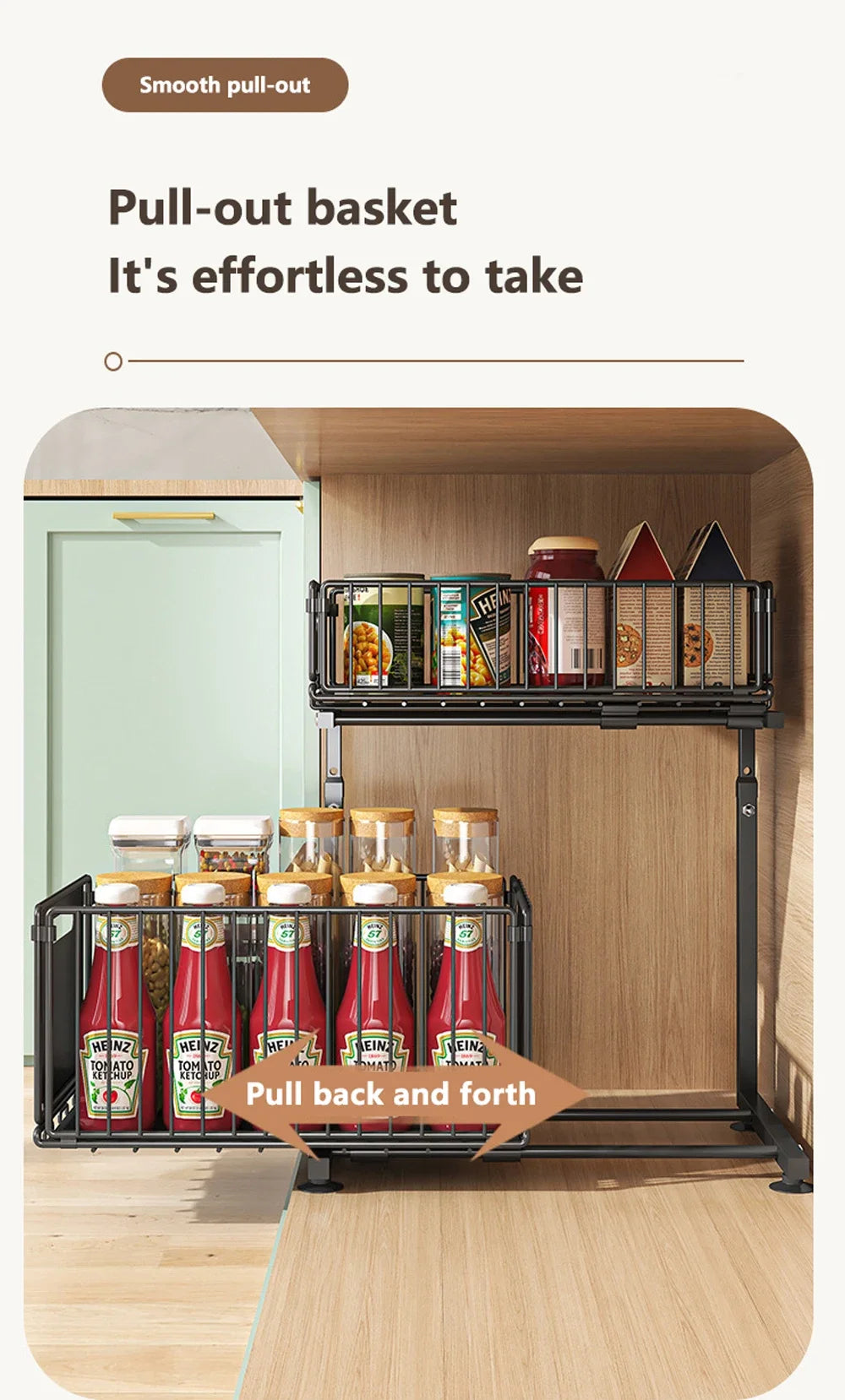2 Tier Pull Out Cabinet Organiser Adjustable Under Sink Storage Rack Slide Out Drawer Kitchen Spice Jar Storage Shelf