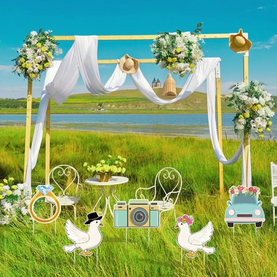 5Pcs Wedding Theme Party Yard Signs with Stakes Pigeon Ring Camera Pattern Road Dration Wedding Reception Plastic Welcome Sign