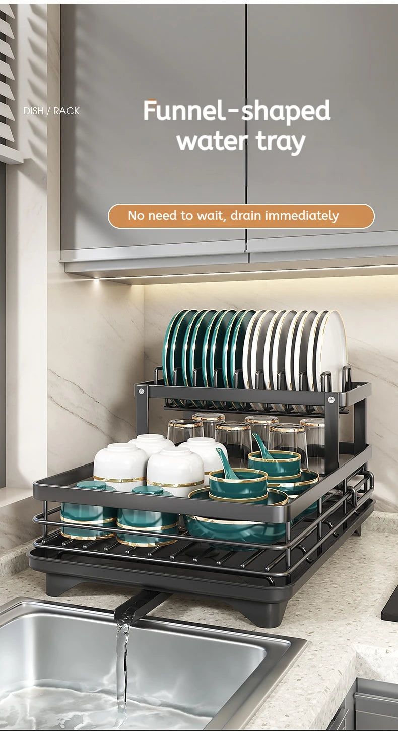 Dish Drying Rack Adjustable Kitchen Plates Organiser with Drainboard Over Sink Plate Drainer Storage Organizer